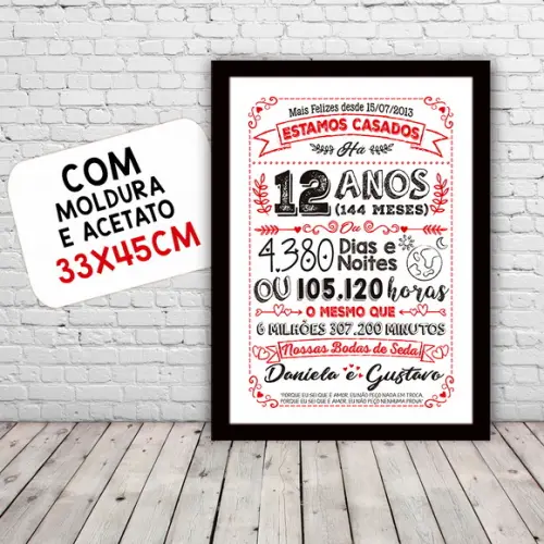 Quadro Poster Chalkboard Bodas Seda 12 Anos A3 30x42cm