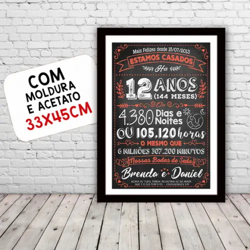 Quadro Poster Chalkboard Bodas Seda 12 Anos A3 30x42cm