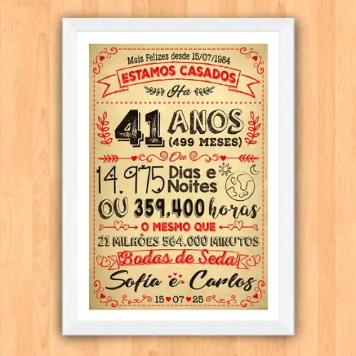 Quadro Poster Chalkboard Bodas Seda 41 Anos A3 30x42cm