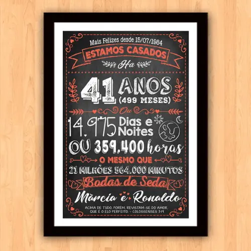 Quadro Poster Chalkboard Bodas Seda 41 Anos A3 30x42cm