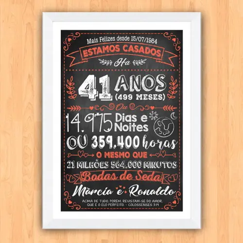 Quadro Poster Chalkboard Bodas Seda 41 Anos A3 30x42cm