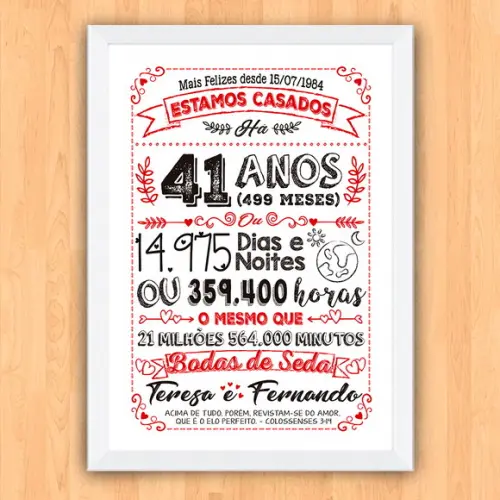 Quadro Poster Chalkboard Bodas Seda 41 Anos A3 30x42cm