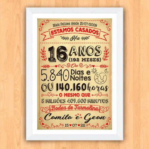 Quadro Poster Chalkboard Bodas Turmalina 16 Anos A3 30x42cm