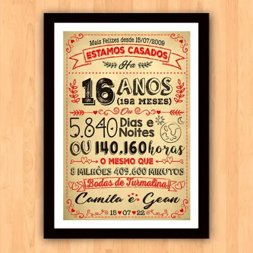 Quadro Poster Chalkboard Bodas Turmalina 16 Anos A3 30x42cm