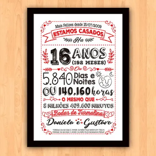 Quadro Poster Chalkboard Bodas Turmalina 16 Anos A3 30x42cm