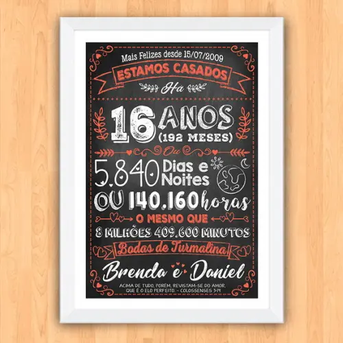 Quadro Poster Chalkboard Bodas Turmalina 16 Anos A3 30x42cm