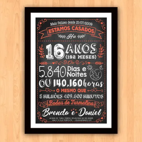 Quadro Poster Chalkboard Bodas Turmalina 16 Anos A3 30x42cm