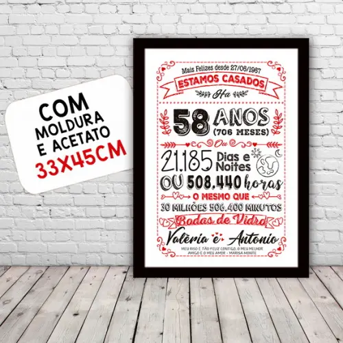 Quadro Poster Chalkboard Bodas Vidro 58 Anos 30x42cm