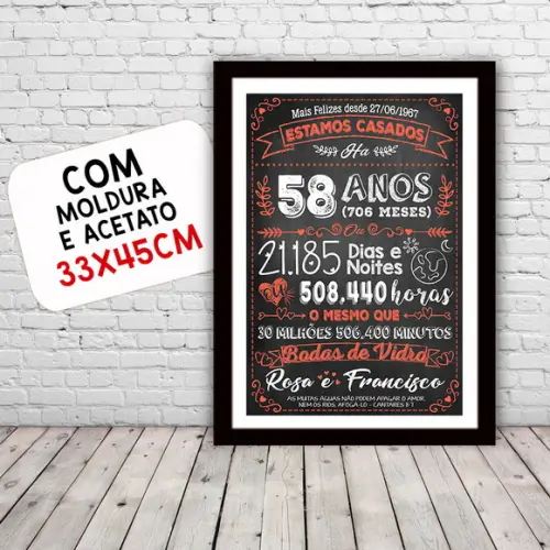 Quadro Poster Chalkboard Bodas Vidro 58 Anos 30x42cm
