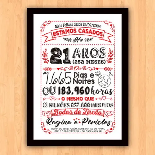 Quadro Poster Chalkboard Bodas Zircão 21 Anos A3 30x42cm