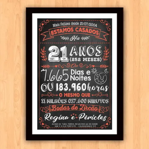 Quadro Poster Chalkboard Bodas Zircão 21 Anos A3 30x42cm