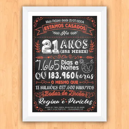 Quadro Poster Chalkboard Bodas Zircão 21 Anos A3 30x42cm
