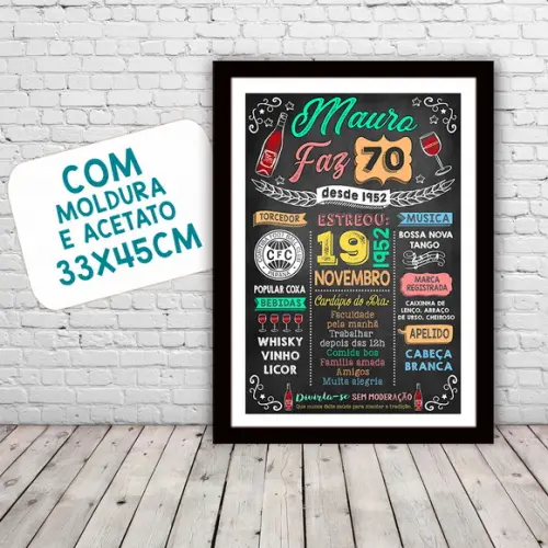 Quadro Poster Chalkboard c/ Moldura 70 Anos A3 30x42cm