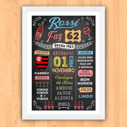 Quadro Poster com Moldura Aniversário 60 Anos Vinho