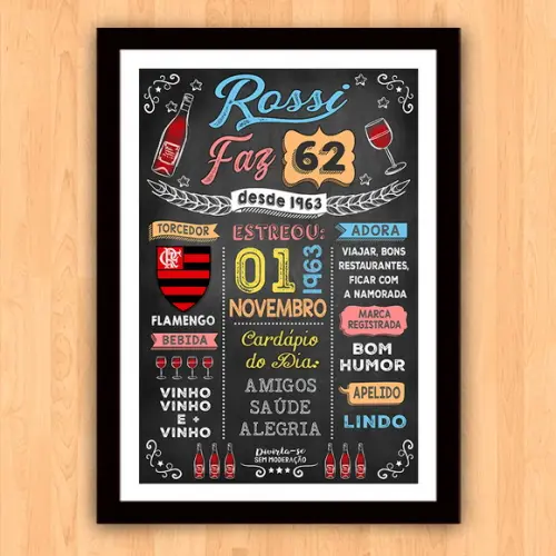 Quadro Poster com Moldura Aniversário 60 Anos Vinho
