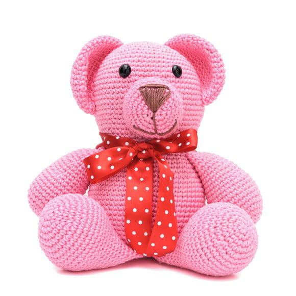 Urso Rosa com Laço Vermelho em Amigurmi