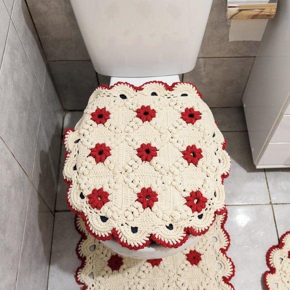 Conjunto para Banheiro em Crochê Flor Vermelha