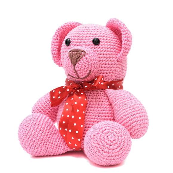 Urso Rosa com Laço Vermelho em Amigurmi