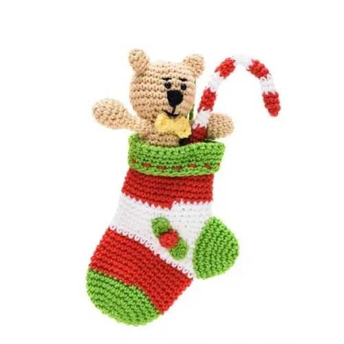 Enfeite Meia de Natal com Ursinho em Amigurumi
