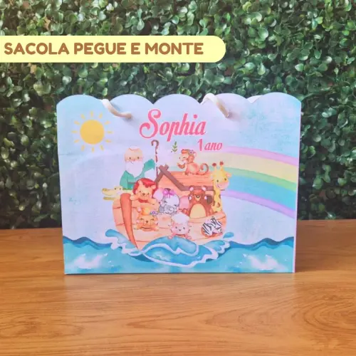 Sacolinha Personalizada Arca de Noé Menina | Lembrancinha Festa Infantil | Pegue e Monte