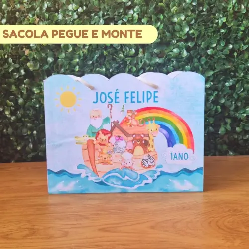 Sacolinha Personalizada Arca de Noé Menino | Lembrancinha Festa Infantil | Pegue e Monte