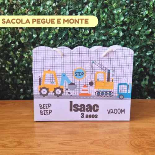 Sacolinha Personalizada Construção Trator | Lembrancinha Festa Infantil | Pegue e Monte