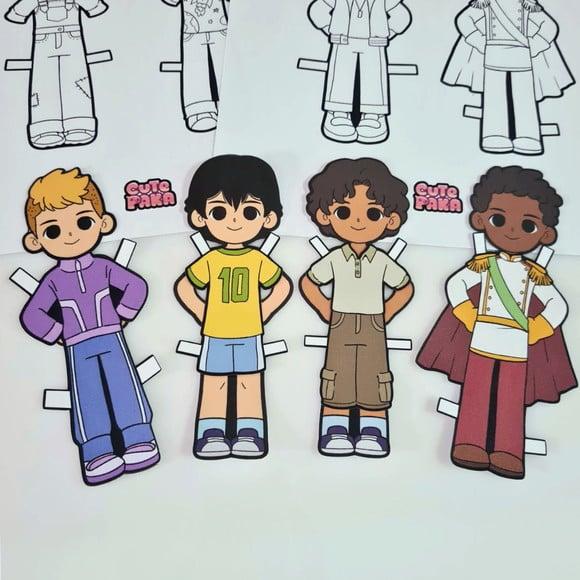 Kit com 4 Bonecos de Papel Troca Roupinha p/ Colorir - 12 cm