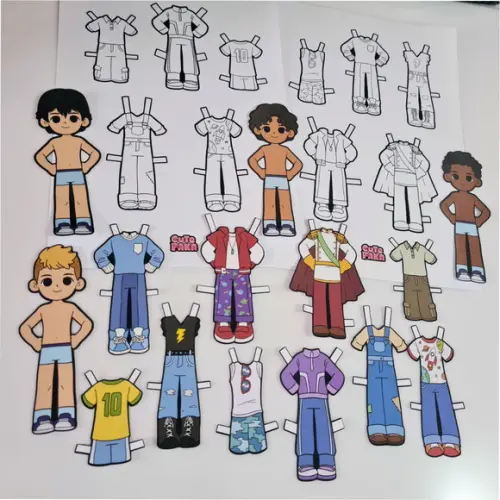 Kit com 4 Bonecos de Papel Troca Roupinha p/ Colorir - 12 cm