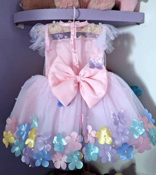 Vestido Infantil Encantado Rosa Luxo + Faixa + Asa