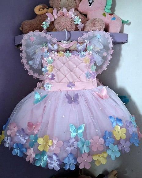 Vestido Infantil Encantado Rosa Luxo + Faixa + Asa