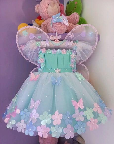 Vestido Infantil Jardim Encantado + Asa + Faixa