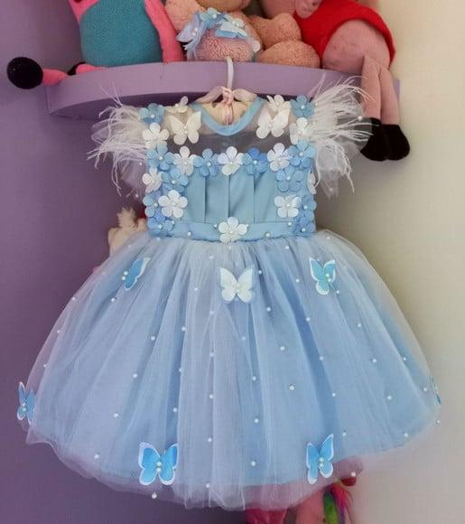 Vestido Infantil Jardim Encantado Azul Bebê Luxo