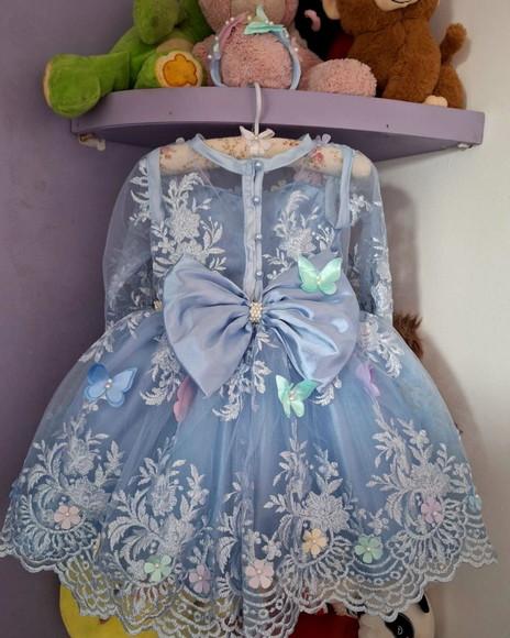 Vestido Infantil Jardim Encantado Manga Longa Azul+asa+faixa