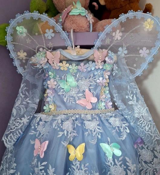 Vestido Infantil Jardim Encantado Manga Longa Azul+asa+faixa