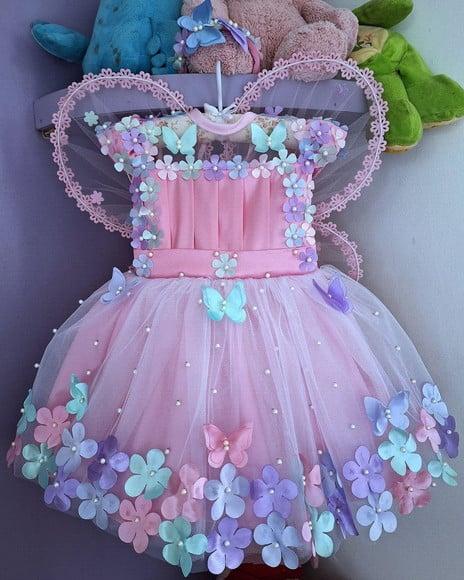 Vestido Infantil Jardim Encantado Rosa+asa+faixa