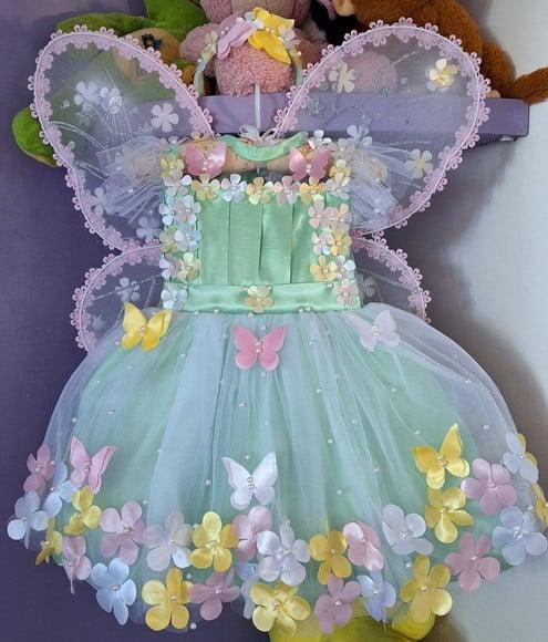 Vestido Infantil Jardim Encantado Verde+asa+faixa