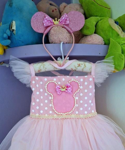 Vestido Infantil Minnie Princesa Rosa com Tiara