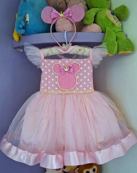 Vestido Infantil Minnie Princesa Rosa com Tiara