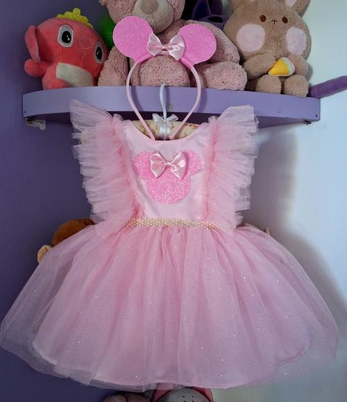 Vestido Infantil Minnie Rosa com Tiara + Tênis