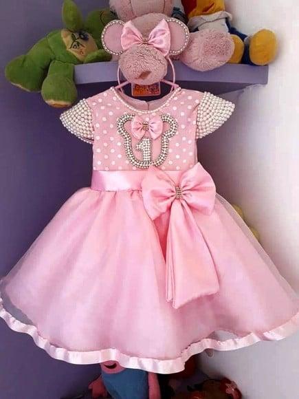 Vestido Infantil Minnie Rosa Luxo com Tiara