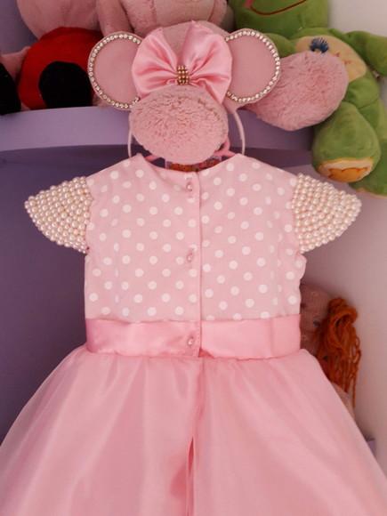 Vestido Infantil Minnie Rosa Luxo com Tiara