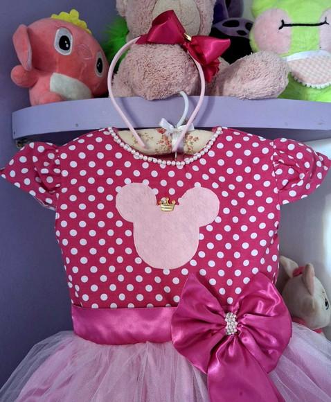 Vestido Infantil Minnie Rosa Pink com Tiara