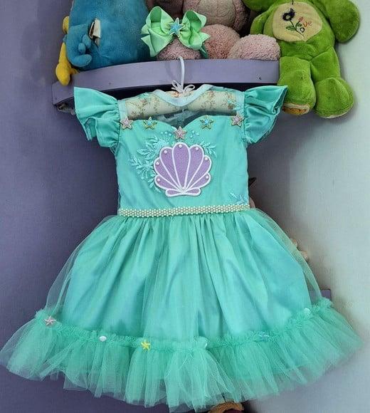 Vestido Infantil Tema Sereia Fundo do Mar