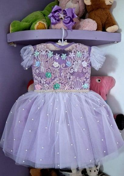 Vestido Infantil Tema Sereia Fundo do Mar Luxo Lilas