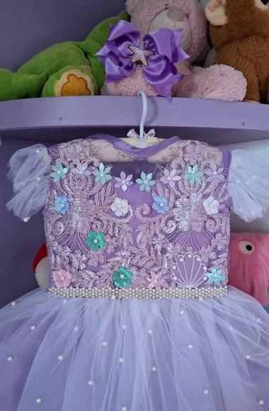 Vestido Infantil Tema Sereia Fundo do Mar Luxo Lilas