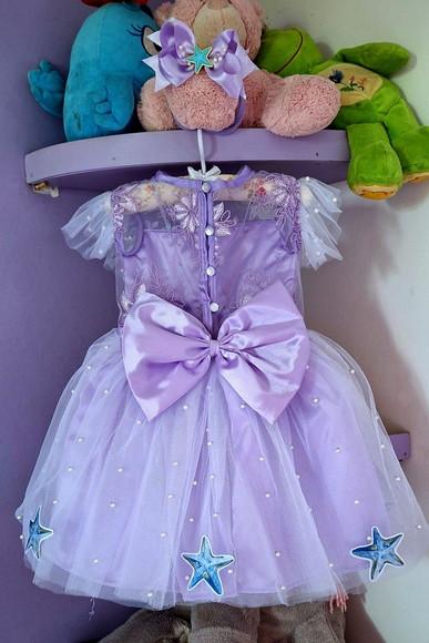 Vestido Infantil Tema Sereia Fundo do Mar Luxo Lilas