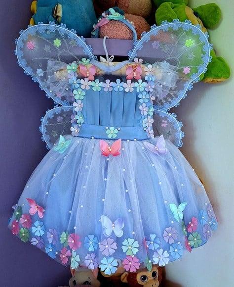 Vestido Jardim Encantado Azul + Asa + Faixa