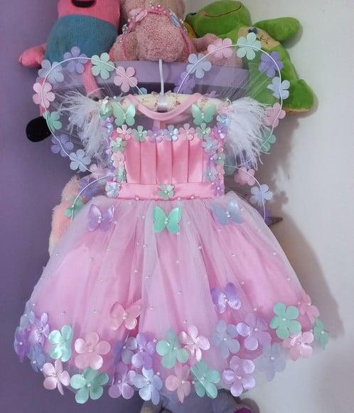 Vestido Jardim Encantado Luxo Rosa+ Faixa + Asa