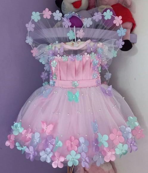 Vestido Jardim Encantado Rosa Luxo+ Asa+faixa