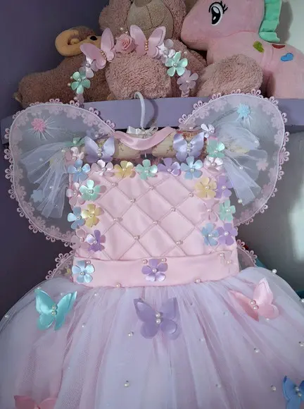 Vestido Infantil Encantado Rosa Luxo + Faixa + Asa